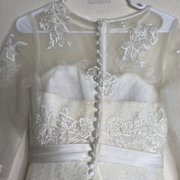 Elegant Lace Wedding Dress Size S ? Beige Sheer Embroidered 3/4 Sleeves & Illusi - Picture 8 of 16